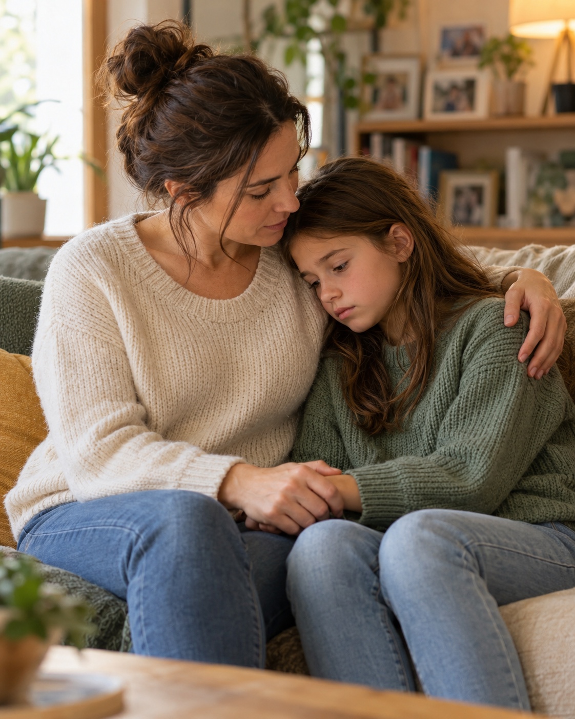 Une mère accueille avec douceur la tristesse de sa fille et la serre contre elle.
