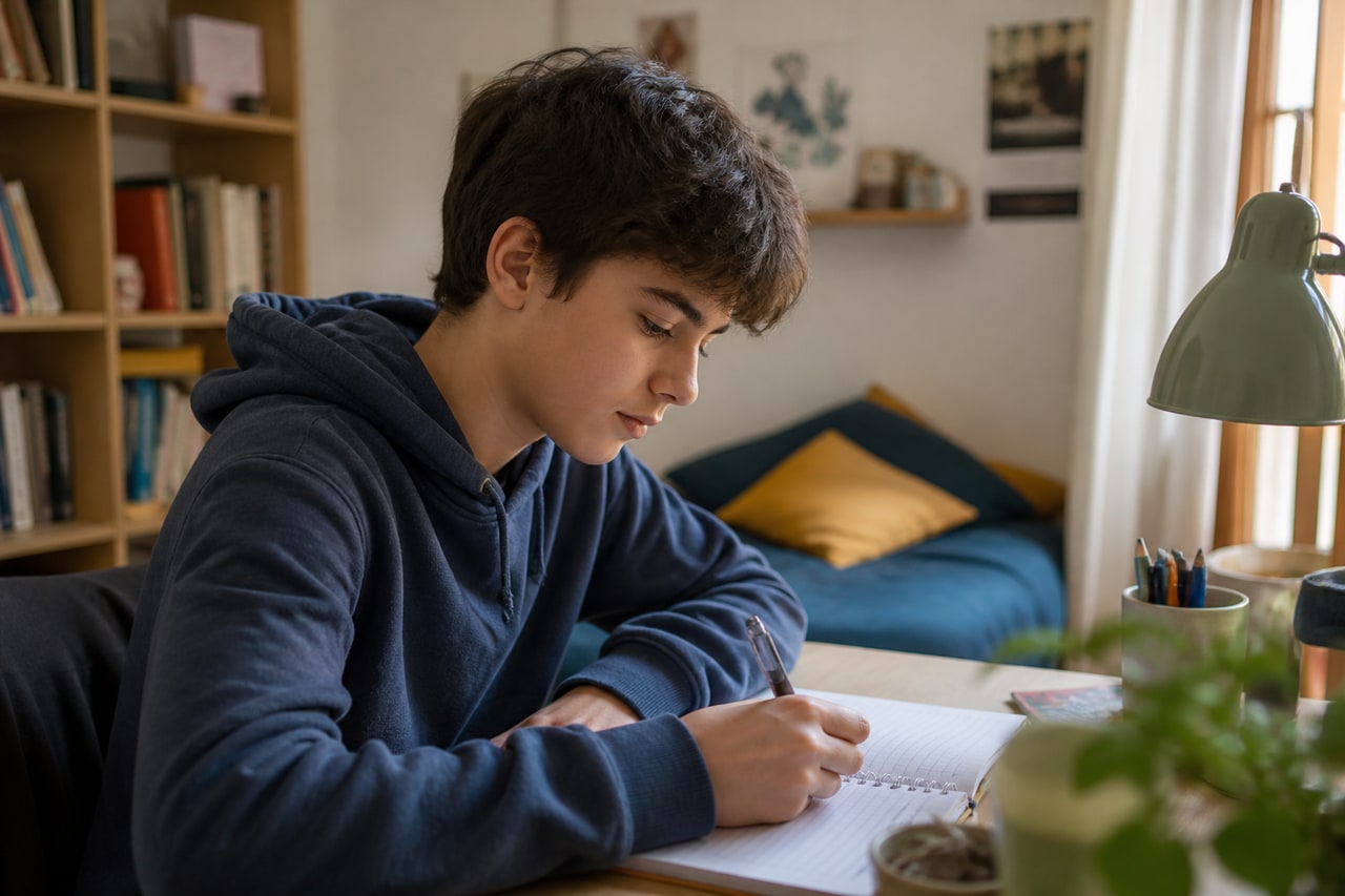 Un adolescent écrit dans un cahier, concentré dans un environnement calme