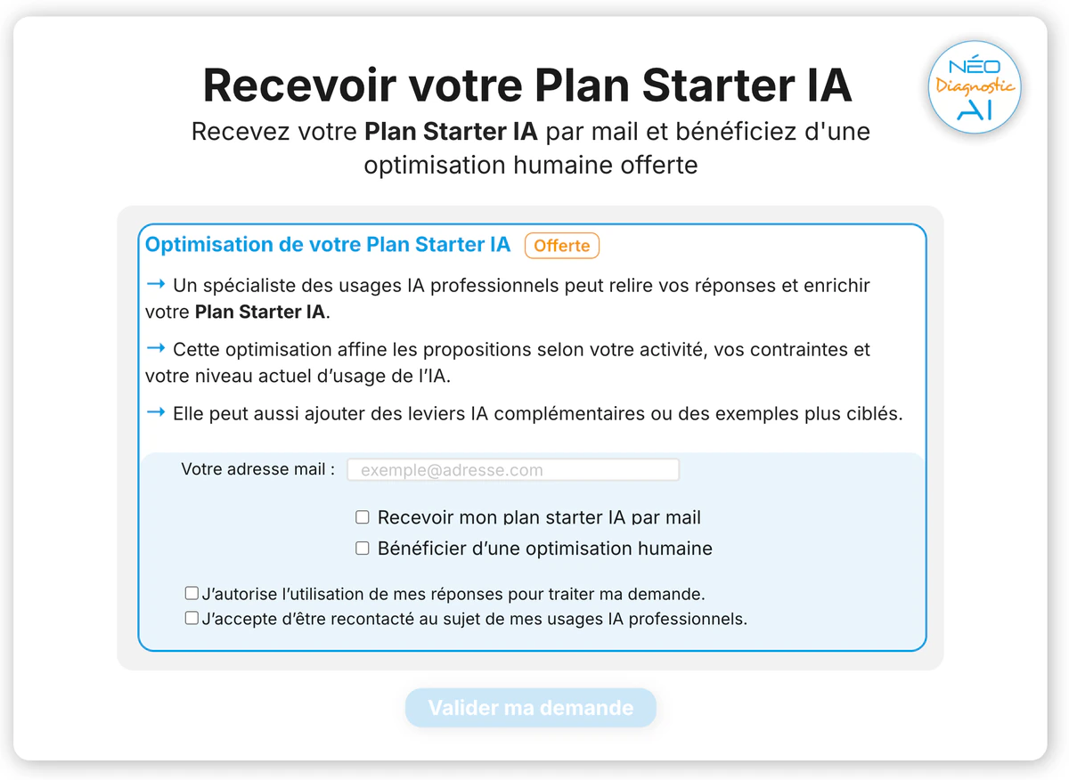 Néo Diagnostic AI prépare un Plan Starter IA pouvant être reçu par courrier électronique et optimisé par un spécialiste.