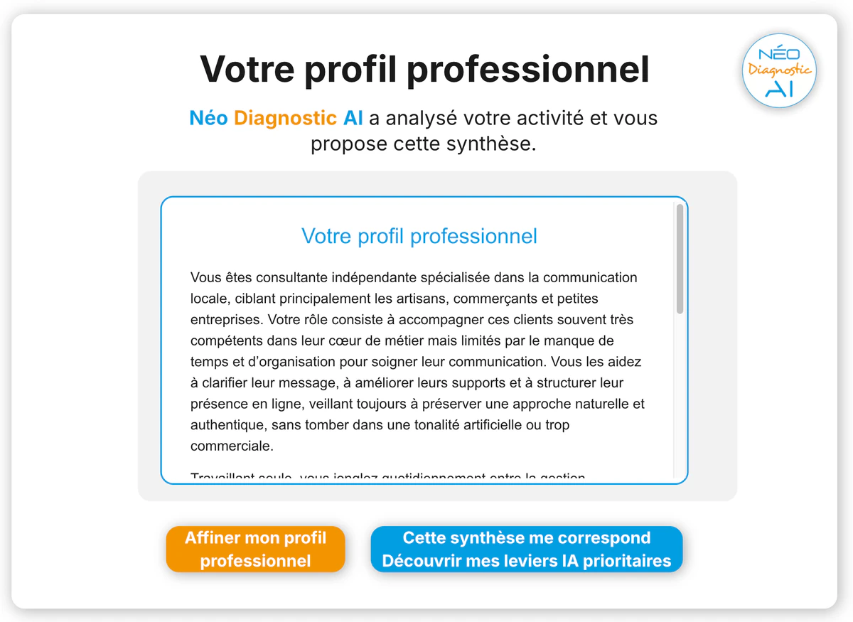 Néo Diagnostic AI restitue une synthèse personnalisée du profil professionnel.